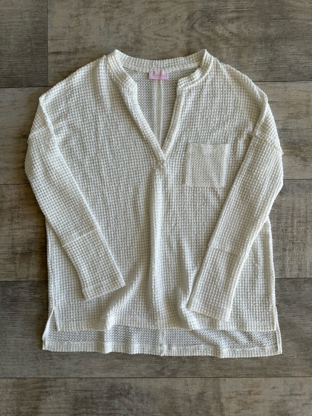 Pink Lily Cream Waffle Knit Top, Long Sleeve V-Neck with Pocket, Size S